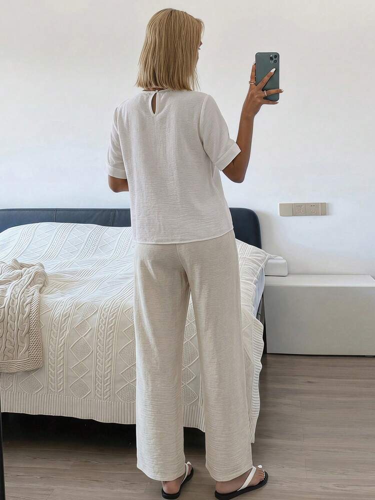 2pcs/Set Women's Summer Pajama Set, Loose Pleated Short Sleeve T-Shirt With Straight Leg Long Pants