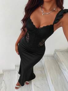 Allurite Damen Kontrast-Spitzen Slim Fit Sexy Cami Top mit Rüschenärmeln - Schwarz - Übersicht 5