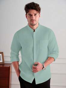 Core Aspect Men's Casual Minimalist Solid Color Front Button Patch Pocket Long Sleeve Shirt, Ceremony - Green - View 6