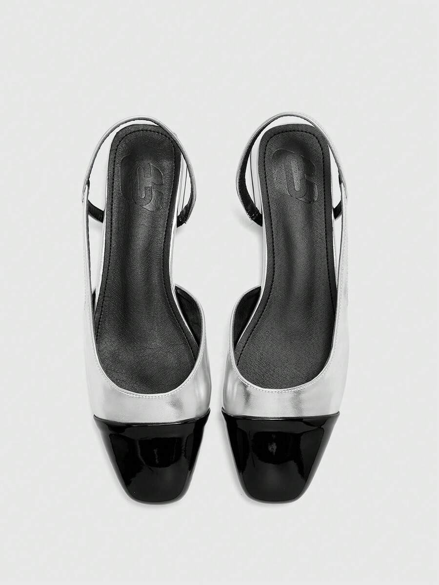 CUCCOO BIZCHIC Sepatu Pumps Wanita Ujung Lancip Hak Blok Warna-warni, Musim Semi/Panas - Perak Hitam - View 1