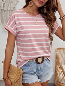 EMERY ROSE Women's Summer Striped Printed Round Neck Short Sleeve Casual T-Shirt Graphic Tees Women Tops - Pink - View 3