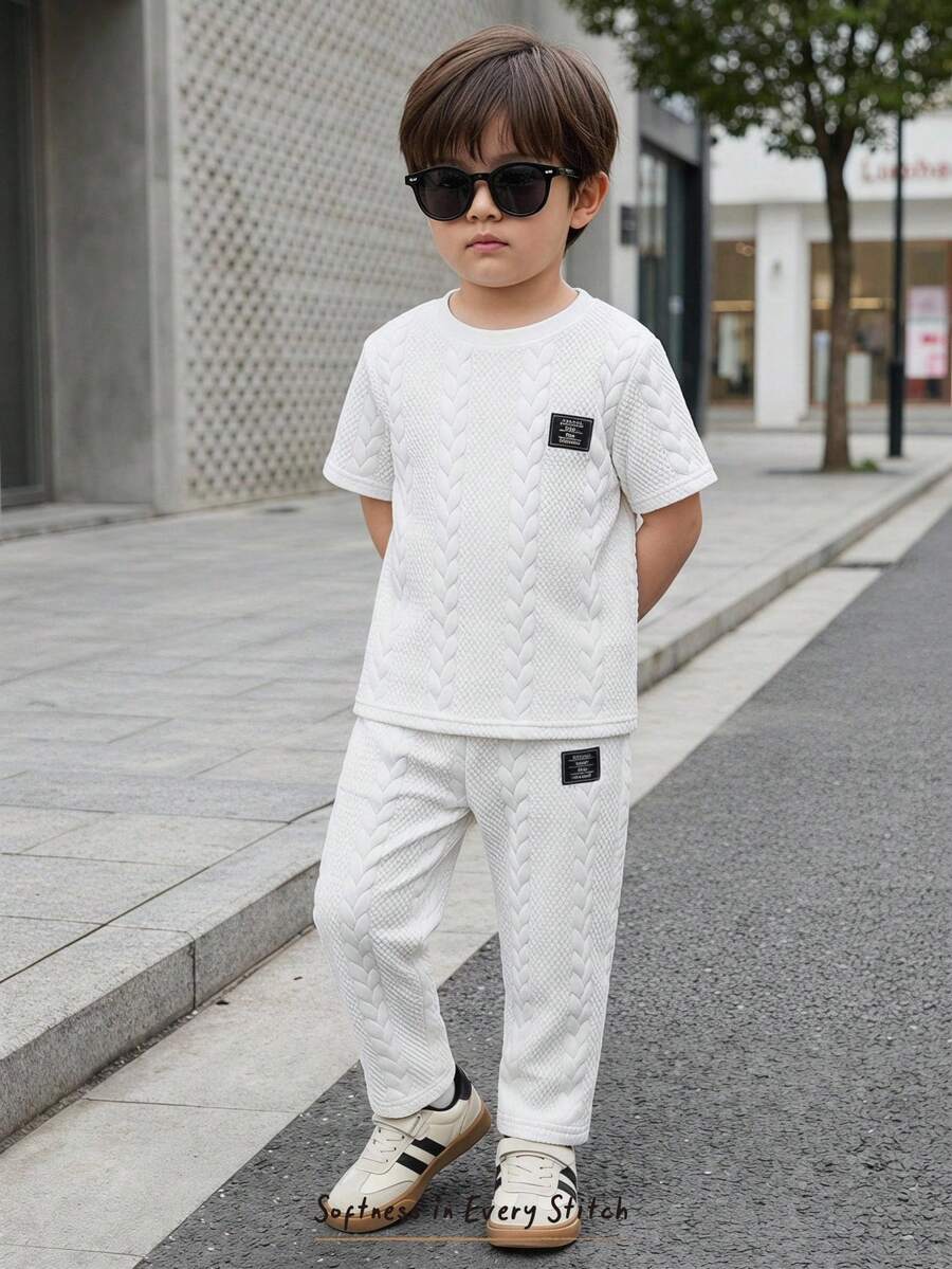 Cozy Pixies Young Boy Patch Round Neck Short Sleeve Polo Shirt And 3D Cable Knit Casual Long Pants Set - White - View 1