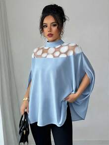 Elenzga Blusa de mujer de moda casual con patrón 3D, parche de malla, manga dividida y cuello alto, adecuada para primavera, verano y otoño - Celeste - Ver 3