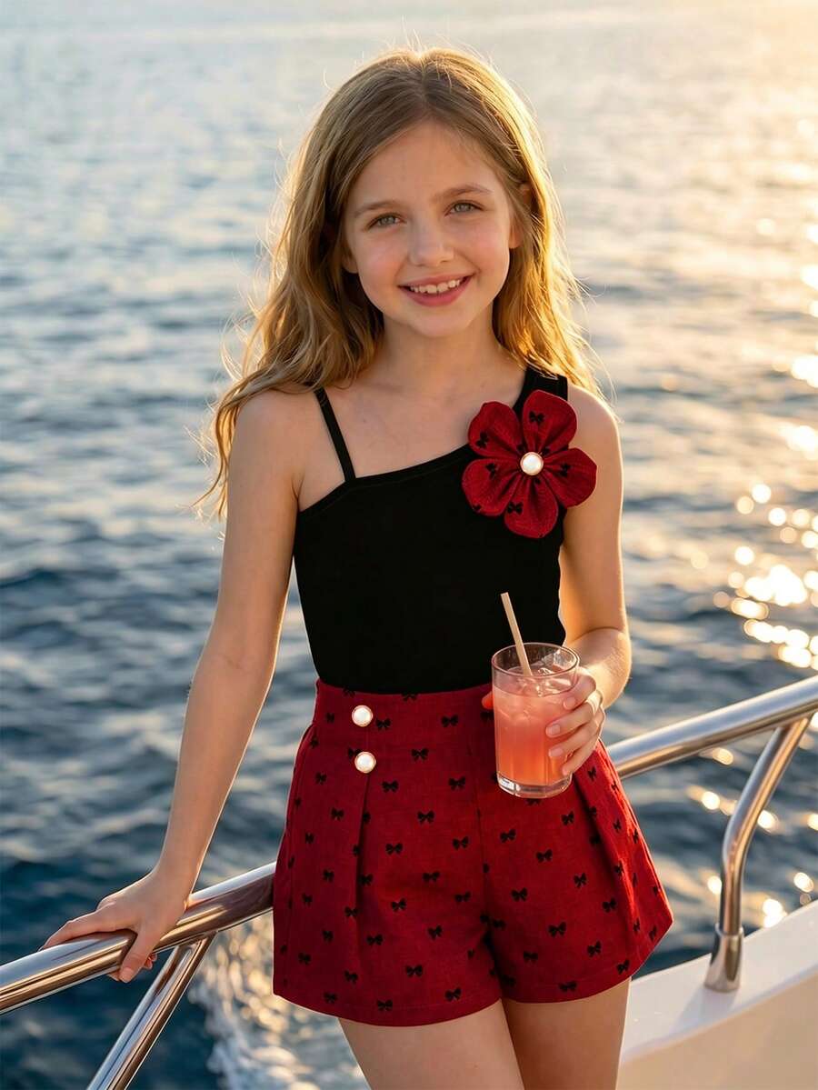 Tween Girls 2pcs/Set Spring/Summer Girls Children Clothing Mini Set, Sleeveless Camisole + Yellow Shorts, Camisole With Thin Shoulder Straps And - Red - View 1