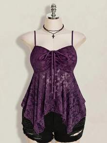 SHEIN ICON Plus Size Women's Lace Lace-Up Ruffle Sexy Versatile Date Night Out Cami Top - Purple - View 3