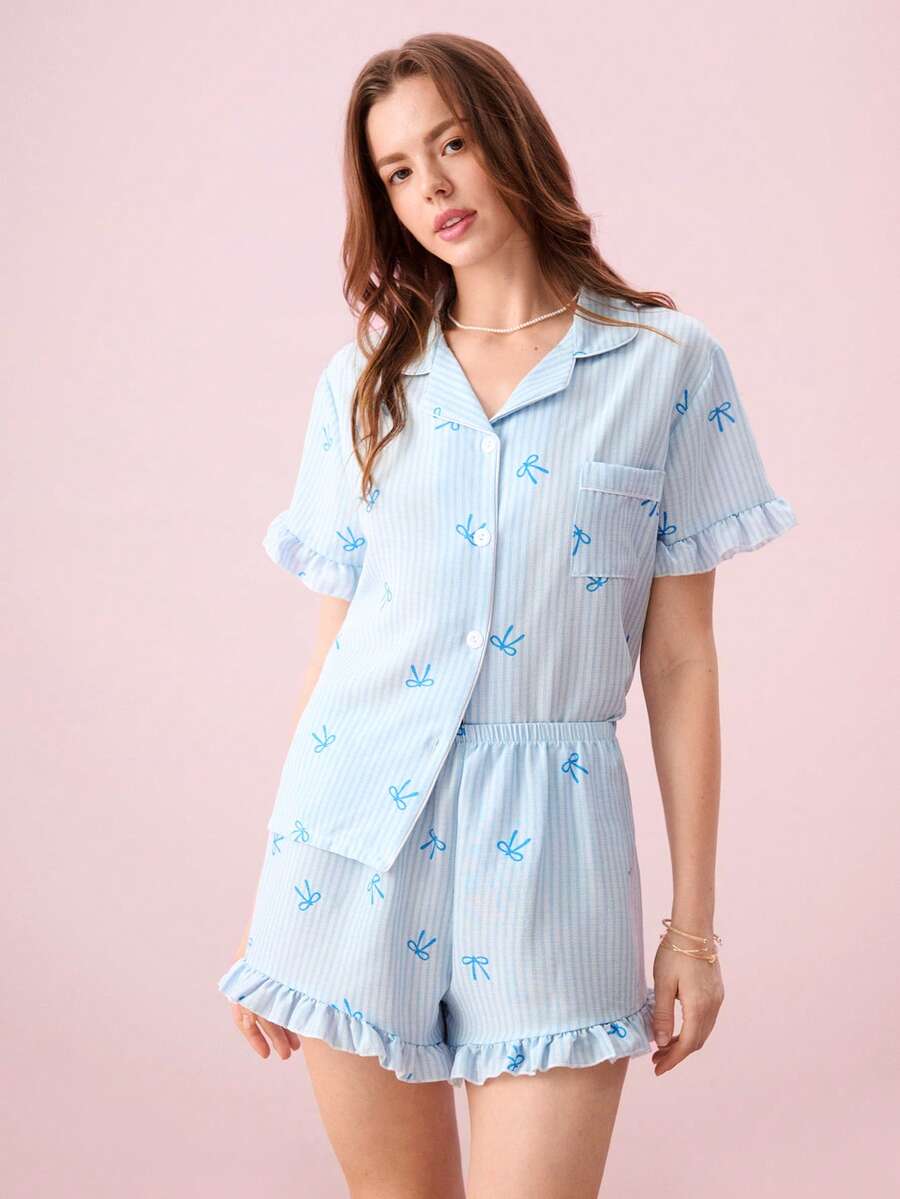 Bonmuse 夏季女士短款睡衣套装 - 蓝色蝴蝶结短袖纽扣领上衣和裤子,柔软亲肤睡衣,可机洗,可户外穿着 - 白色 - 查看 1