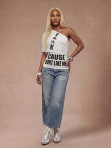Modviera Women's Fashion Semi-Sheer Letter Print Top Club Rave White Autumn Streetwear 2000s - White - View 3