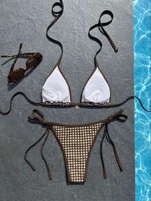 Swim Mod 女款新款純色三角杯比基尼套裝 性感綁帶撞色泳衣兩件式 - 咖啡棕 - 查看 2