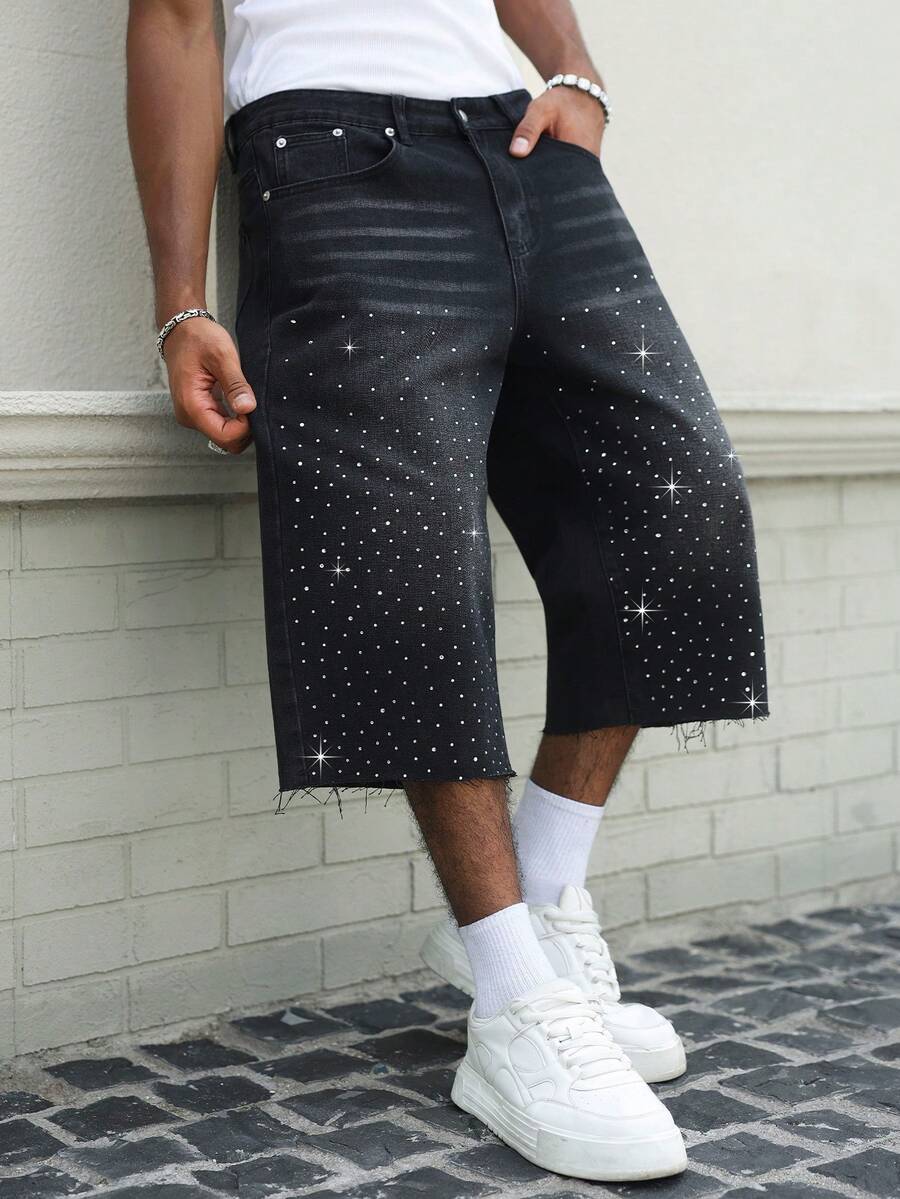 Manfinity EMRG Herren Lässig Gewaschene Jeans mit Strass-Verzierung 3/4 Länge - Schwarz - Übersicht 1