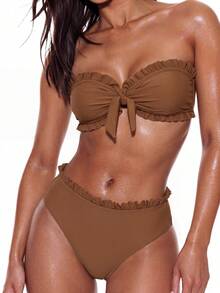 Swim Mod Women's Summer Beach Solid Color Ruffle Trim Bandeau Bikini Set With Front Knot, Two Pieces Swimwear Black Bathing Suits - Coffee Brown - View 7