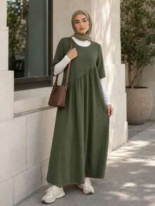 Solavon Women's Solid Color Round Neck Short Sleeve Pleated Loose Casual Dress Summer Holiday Basic Daily Comfy Travel Outfit Airport Elegant - Army Green - View 1