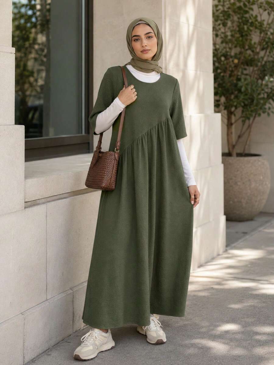 Solavon Women's Solid Color Round Neck Short Sleeve Pleated Loose Casual Dress Summer Holiday Basic Daily Comfy Travel Outfit Airport Elegant - Army Green - View 1