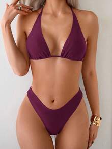 Swim Mod Women's Summer Beach Solid Color Halter Tie Sexy Bikini Swimsuit Set - Red - View 5