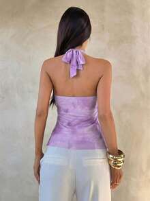 Aloruh Women's Elegant Multi-Layer Ruffle Decor Stand Collar Fitted Tank Top - Mauve Purple - View 2