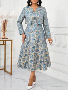SHEIN Lady 女款夏季優雅提花背心洋裝與外套兩件套 - 淺藍色 - 查看 1