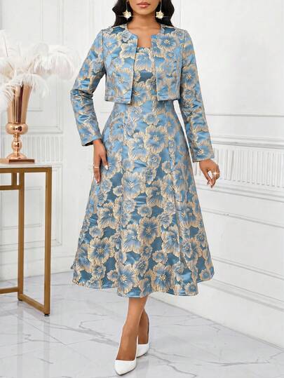 SHEIN Lady Women's Summer Elegant Jacquard Tank Dress And Jacket 2 Pieces Set