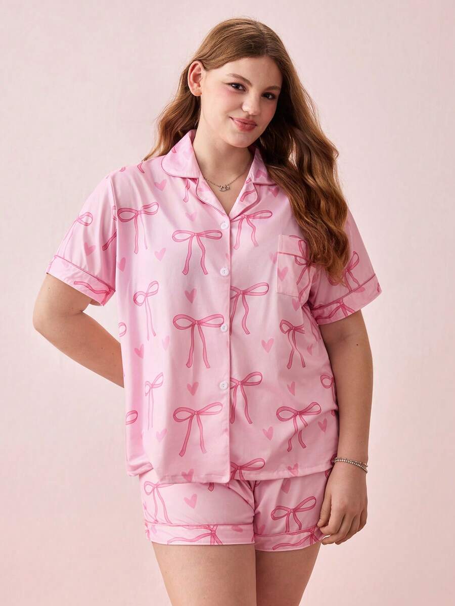 Bonmuse 2 件大码女士睡衣套装,蝴蝶结印花短袖衬衫领扣上衣和宽松弹力短裤,适合超重人士、节日派对睡衣、休闲家居和户外舒适女士家居服 - 粉色 - 查看 1