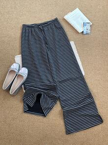 K-Vae Summer Versatile Elastic Waist Casual Pants Slimming Striped Drawstring Long Pants - Grey - View 2