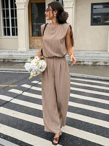 Serisse 女款夏季休閒度假日常通勤配色拼接條紋印花無袖上衣與寬腿長褲2件組 - 咖啡棕 - 查看 6