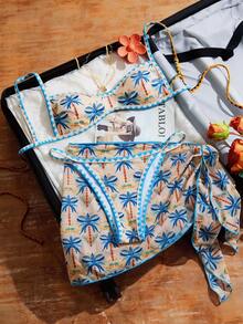 Bellisia Conjunto de traje de baño de 3 piezas para mujer: floral, con bordes dentados, vestido sexy para cubrirse, fiesta de playa - Multicolor - Ver 1