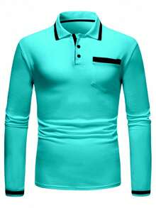 Manfinity Homme Men's Spring/Autumn Casual Colorblock Trim Polo Shirt, Formal - Mint Blue - View 4