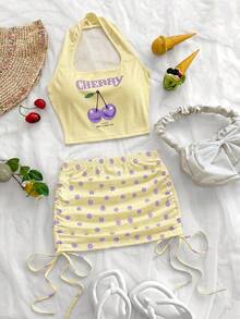Soleia Áo croptop nữ hở lưng họa tiết anh đào phong cách tối giản casual đi chơi, chân váy ngắn cạp thấp nhún họa tiết chấm bi, áo thun họa tiết, phù hợp mặc mùa hè và dạo phố ngoài trời - Màu vàng - Xem 5