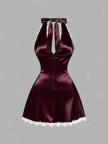 Sweetra Spicy Style Sexy Deep V-Neck Lace Satin Halter Neck Dress, Backless A-Line Versatile Slimming Short Dress For Travel And Vacation - Burgundy - View 2