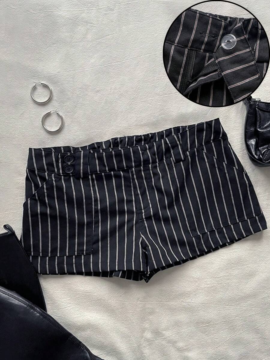 Attitoon Women's Striped Pocket Casual Versatile Shorts,Summer,Back-To-School,School,90s,Black And White Checkered,Y2K Fashionable Elegant Daily Streetwear - Multicolor - View 1