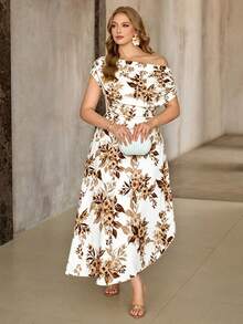 Roveilla Plus Size Spring/Summer Asymmetrical One Shoulder Neckline Casual Elegant Vacation Cold Shoulder Dress Wedding Guest White - White - View 4