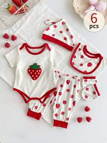 SHEIN Playful Pals 6件套新生女婴信封领圆领短袖草莓毛巾刺绣连体衣+松紧腰草莓印花裤+帽子手套围兜休闲舒适柔软套装，适合夏季外出 - 紅白色 - 查看 11