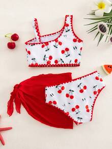 SHEIN 女童櫻桃印花可愛風3件套 - 紅白色 - 查看 3
