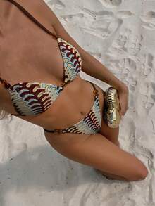 Swim Vcay Set Bikini Wanita Jacquard Musim Semi/Panas dengan Tali Leher Model Halter dan Hiasan Manik-manik - MultiWarna - View 1