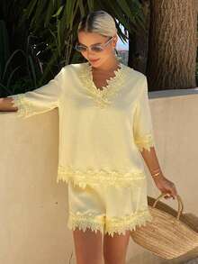 Livesso Spring Summer Yellow Patchwork V-Neck Short Sleeve Loose Top Casual Shorts Women 2pcs Set Vacation - Yellow - View 3