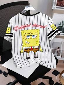 SpongeBob SquarePants | SHEIN 女款卡通圖案條紋短袖圓領T恤 - 白色 - 查看 2