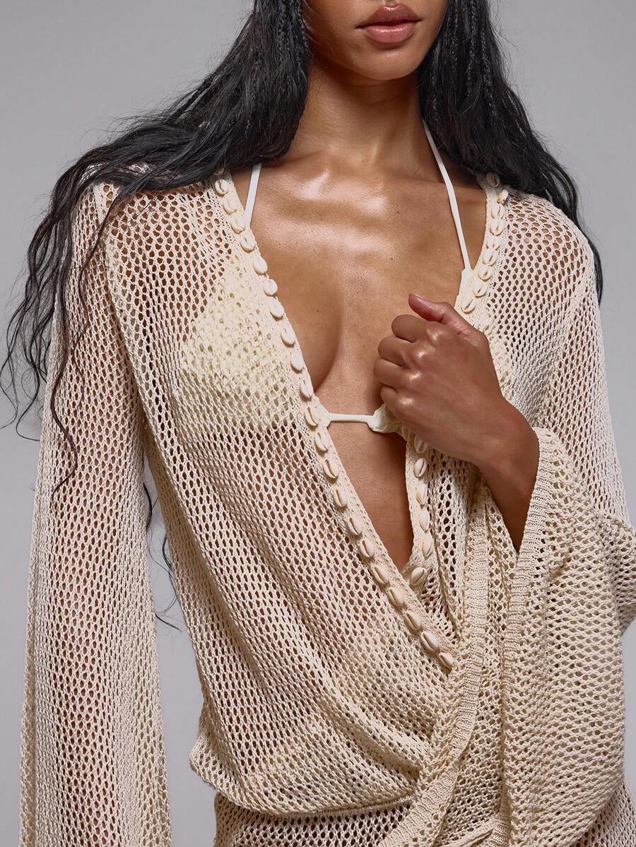 Musera Resort Crochet Knit Mini Dress With Shell Trim Detailing And Flared Sleeves Spring Summer Ibiza Holiday Vacation Sexy Girly Feminine Beach Club Cute Romantic Festival Boho Salt Washed - Cream - View 1
