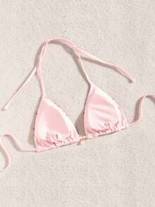 Costavie Women's Bikini Top, Spring/Summer Beach Vacation, Sequin Textured Fabric, Pearl Decor, Halter Neck Triangle Cup Bra, Sexy Swimwear - Pink - View 2