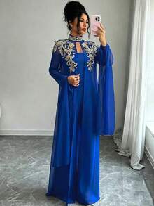 Elenzga Women's Gold Floral Embroidered Split Sleeve Cape And Bandeau Jumpsuit 2 Pieces Set - Navy Blue - View 5