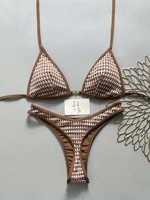 Swim Vcay 春夏純色三角式無鋼圈掛脖露背上衣與泳褲女款性感比基尼泳裝套裝，適合海灘度假 - 棕色 - 查看 4