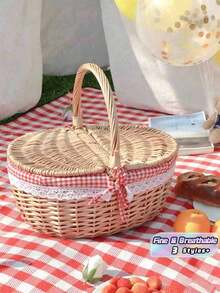 1 pieza Cesta de picnic de mimbre tejida a mano con tapa & asa, cesta tejida natural para almacenamiento de alimentos, camping, compras & decoración del hogar. Existe una ligera variación de color, sin impacto en el uso y la apariencia. - Cesta de picnic - Ver 1