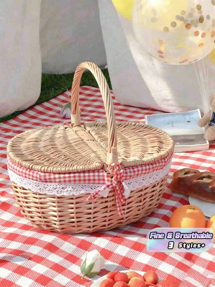 1 pieza Cesta de picnic de mimbre tejida a mano con tapa & asa, cesta tejida natural para almacenamiento de alimentos, camping, compras & decoración del hogar. Existe una ligera variación de color, sin impacto en el uso y la apariencia. - Cesta de picnic - Ver 1