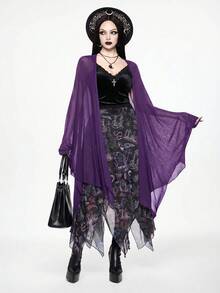 ROMWE Goth Cardigan fin en maille transparente vintage à manches chauve-souris sombres et ourlet asymétrique - Prune - Voir 8