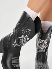 ROMWE Fairycore Bottes western marron, bottes hautes à enfiler brodées, bottes de moto  montant au genou, bottes montantes à talon épais pour femmes - Noir + fleurs - Voir 3