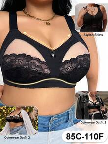 DesireSculpt Plus Size Adjustable Lace Contrast Mesh Comfortable Bra, Spaghetti Strap, Lift Support, Wireless, For Large Bust - Black - View 5