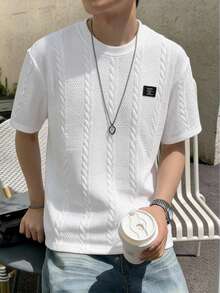 Teen Boys Summer Geometric Textured Fabric Sports Street Casual Minimalist Fashion Loose Small Logo Embroidered Crew Neck Loose Short Sleeve T-Shirt - White - View 3