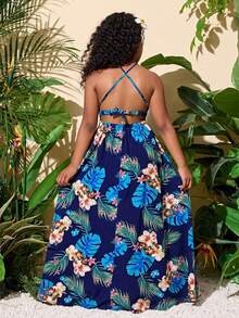Tween Girls' Casual Vacation Floral Halter Backless Dress - Green - View 2