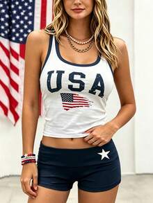 SHEIN Holidaya Summer Independence Day Women's 2 Pieces Set, Independence Day Women's Tank Top And Women's Shorts, USA Flag Print T-Shirt And Print Shorts - Blue and White - View 3