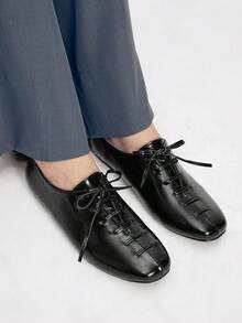 Mnmlis Zapatos planos casuales y de moda con diseño de cordones para mujer - Negro - Ver 8