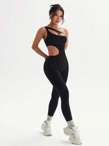 SHEIN Sports 女款黑色無縫無袖連身褲，鏤空腰部設計，適合春夏季穿著，適用於休閒、健身、瑜珈運動 - 黑色 - 查看 7