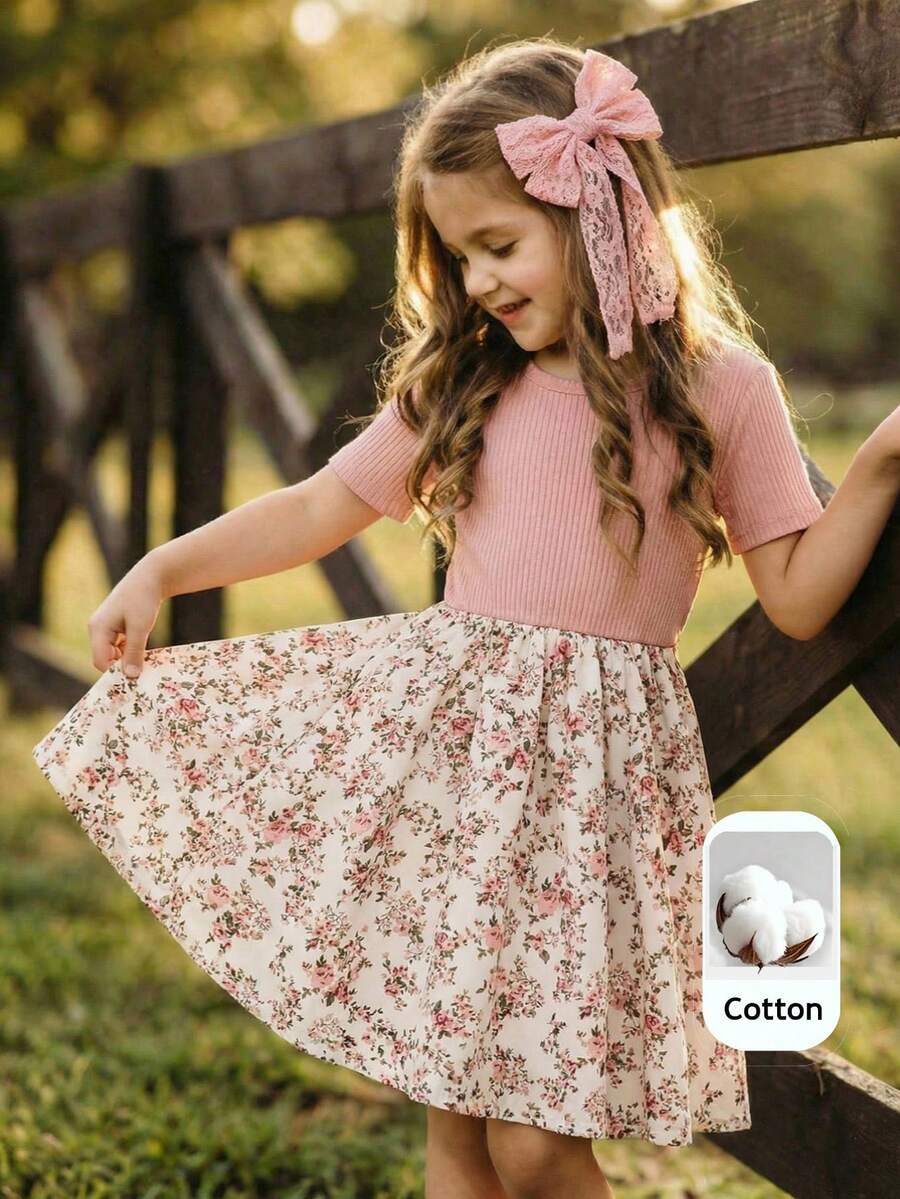 Emery Rose Kids Emery Rose Kids 少女純色針織圓領拼接梭織花卉下擺休閒洋裝 - 彩色 - 查看 1
