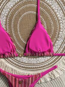 Swim Mod Women's Spring/Summer New Special Fabric Metal Decor V-Neck Halter Backless Triangle Bikini Set 2 Pieces - Multicolor - View 5